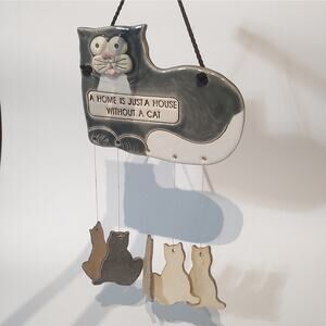 Ceramic Cat Windchime Smoky Mountain Pottery 1994 VTG Gray Grey Kitty